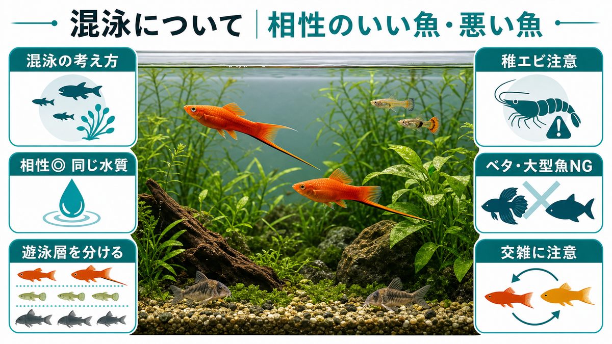 混泳について|相性のいい魚・悪い魚の要点をまとめた淡水魚飼育インフォグラフィック