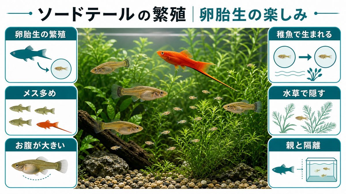 ソードテールの繁殖|卵胎生の楽しみの要点をまとめた淡水魚飼育インフォグラフィック