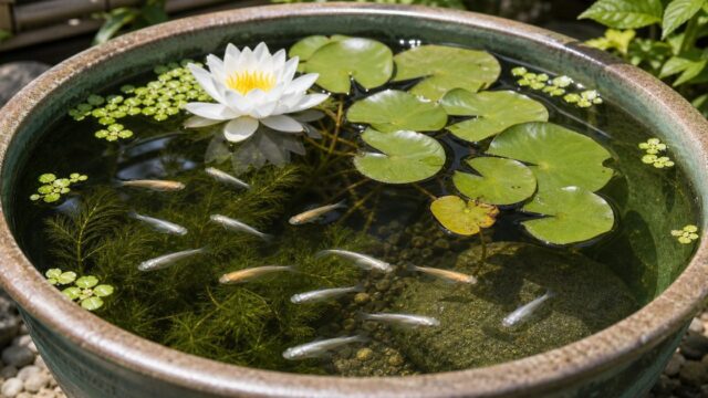 睡蓮鉢でメダカを飼う方法｜屋外飼育の始め方と水質管理のコツの要点を伝える淡水魚記事アイキャッチ画像