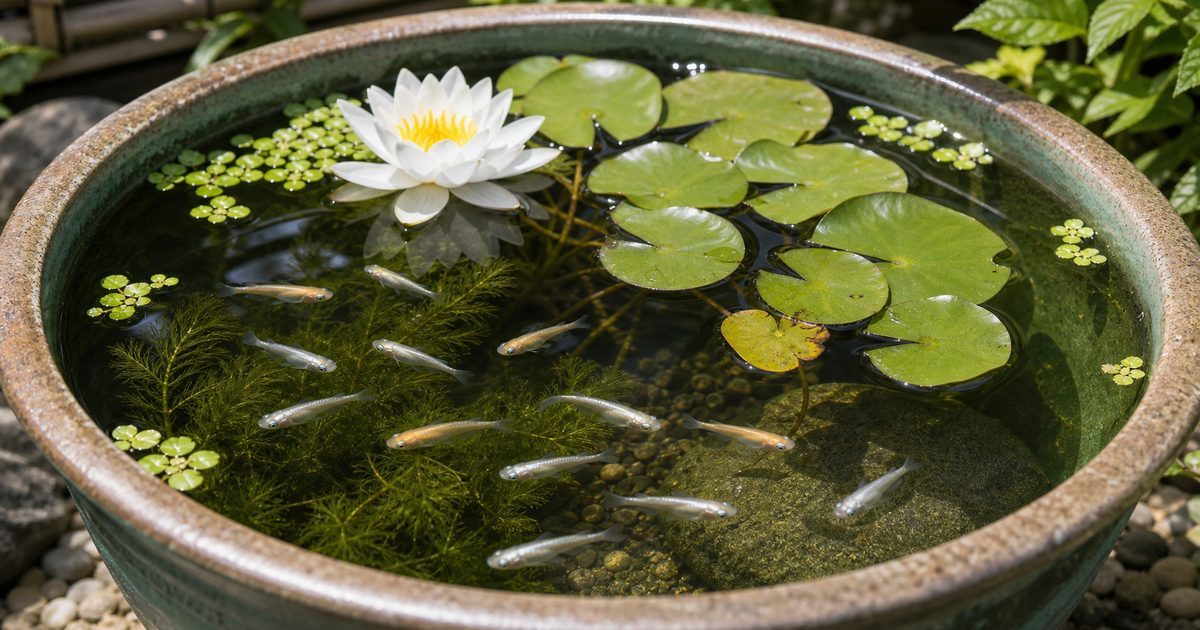 睡蓮鉢でメダカを飼う方法｜屋外飼育の始め方と水質管理のコツの要点を伝える淡水魚記事アイキャッチ画像