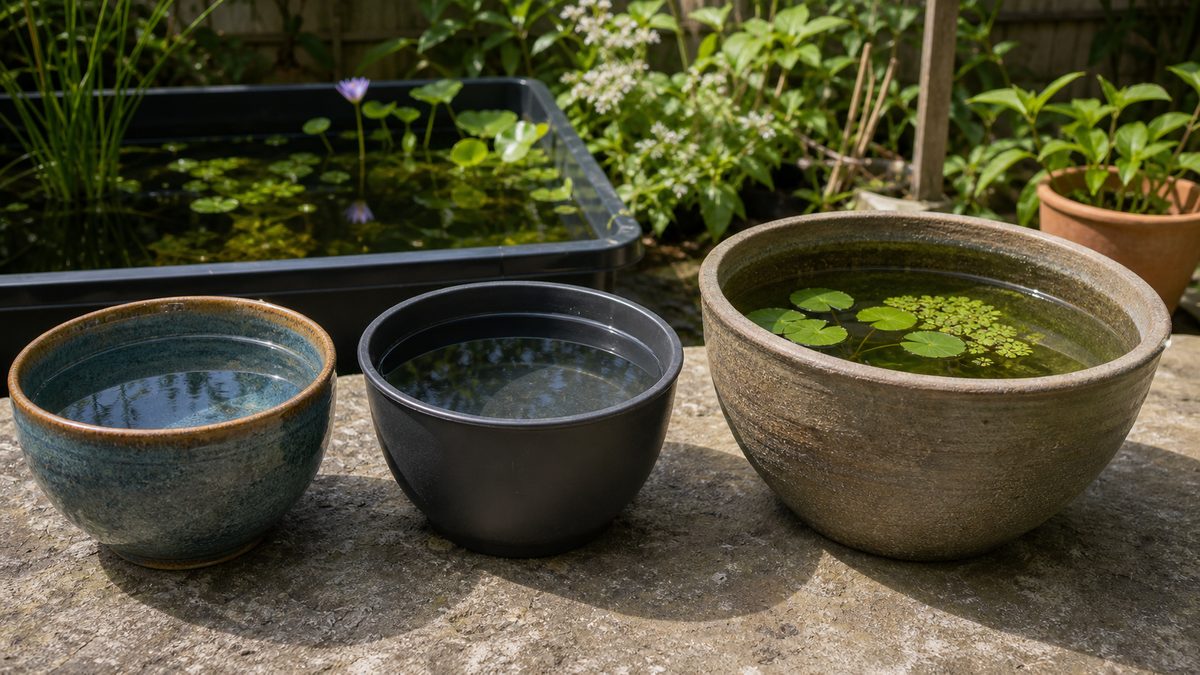 睡蓮鉢の選び方｜サイズ・素材・容量を徹底比較の要点をまとめた淡水魚飼育インフォグラフィック