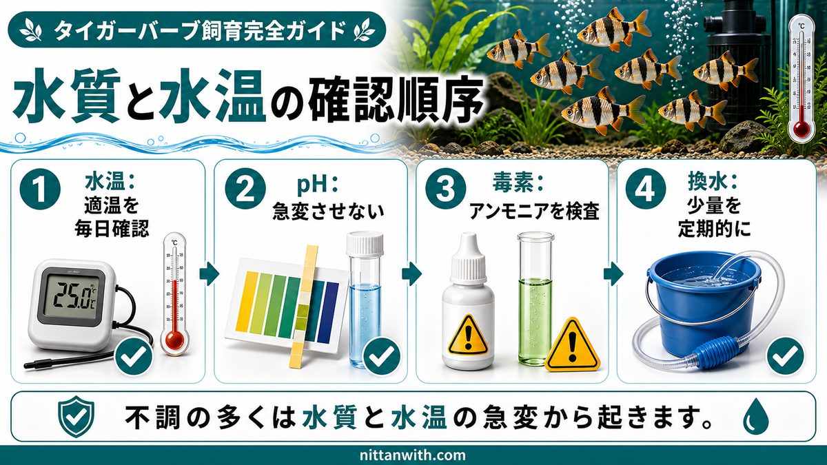 水質管理と日常のメンテナンスの要点をまとめた淡水魚飼育インフォグラフィック