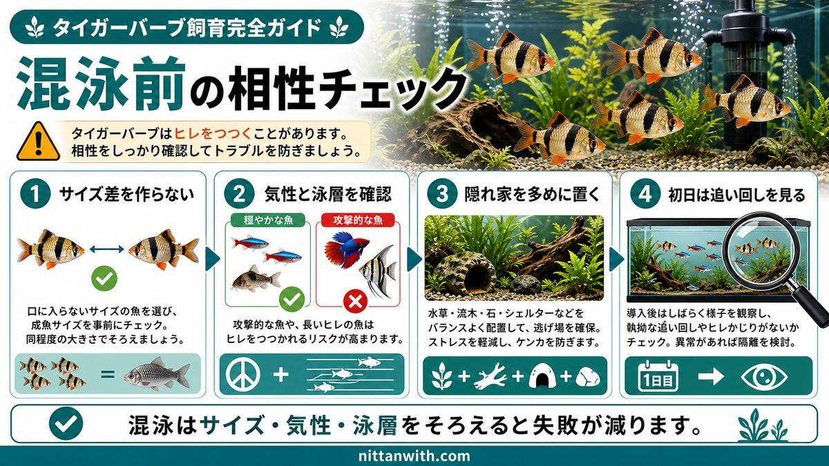混泳の注意点と相性の良い魚・悪い魚の要点をまとめた淡水魚飼育インフォグラフィック