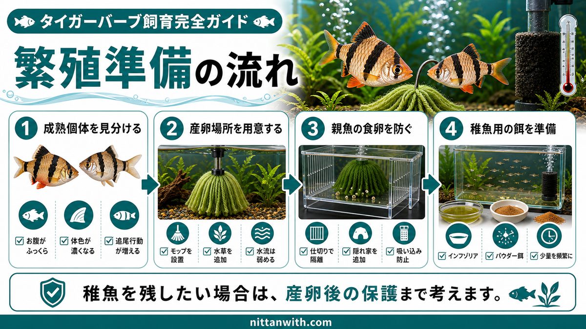 繁殖のやり方と稚魚の育て方の要点をまとめた淡水魚飼育インフォグラフィック