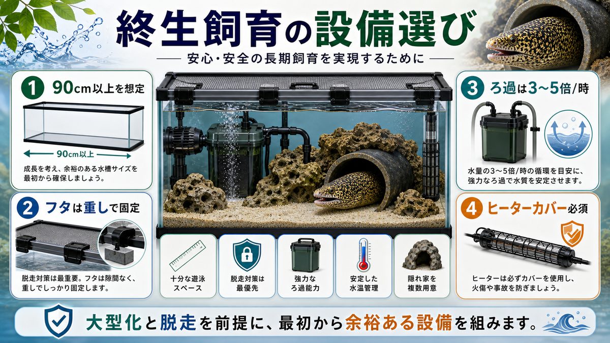 飼育に必要な機材を揃えようの要点をまとめた淡水魚飼育インフォグラフィック