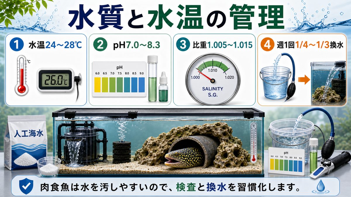 水質・水温管理の要点をまとめた淡水魚飼育インフォグラフィック