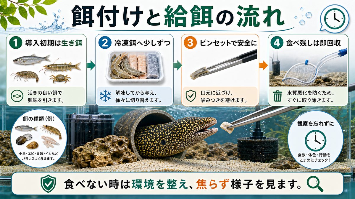 餌の与え方の要点をまとめた淡水魚飼育インフォグラフィック