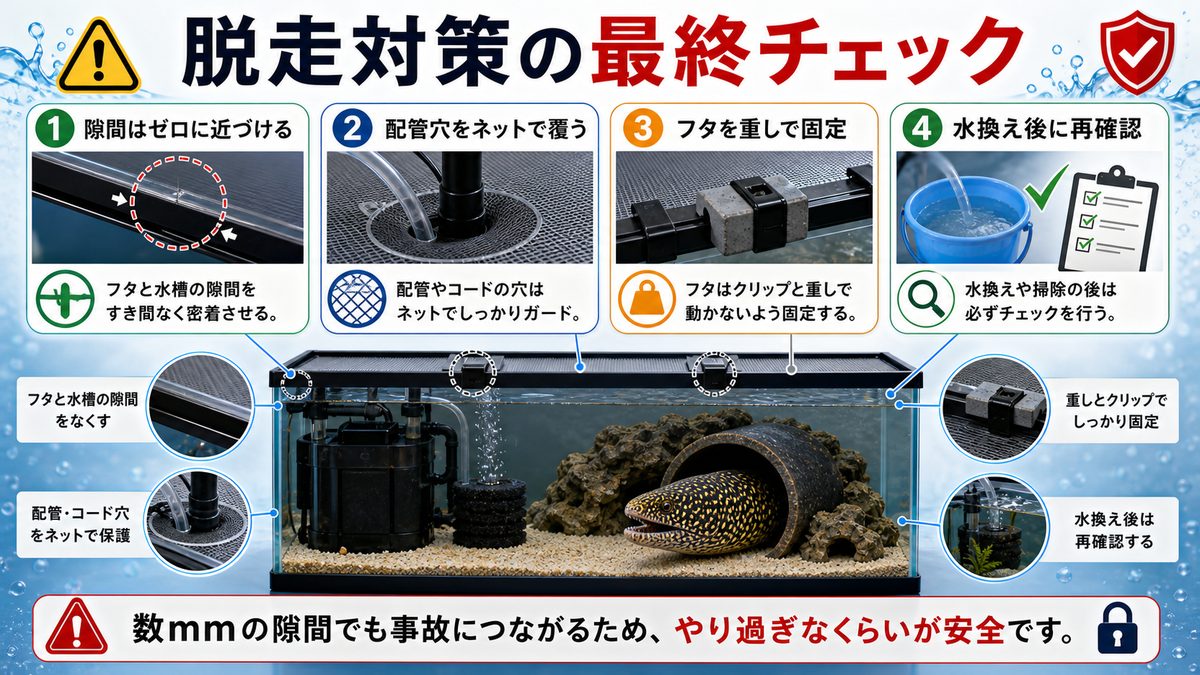 脱走対策（最重要）の要点をまとめた淡水魚飼育インフォグラフィック
