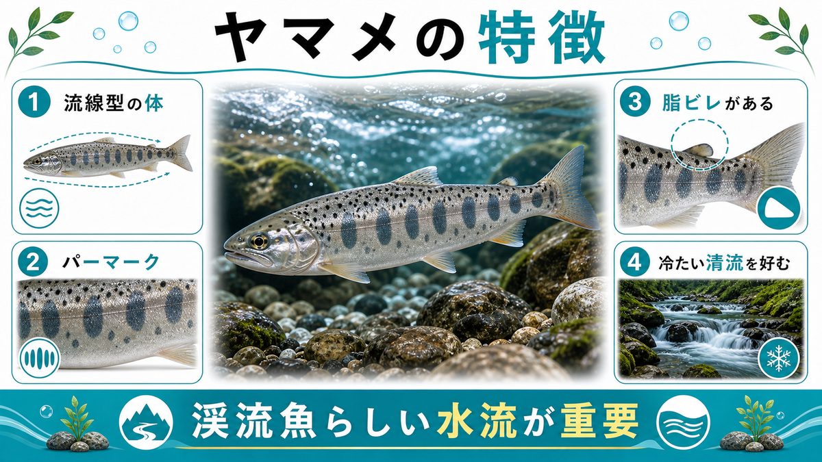 1,日本河川の女王・ヤマメの特徴についての要点をまとめた淡水魚飼育インフォグラフィック