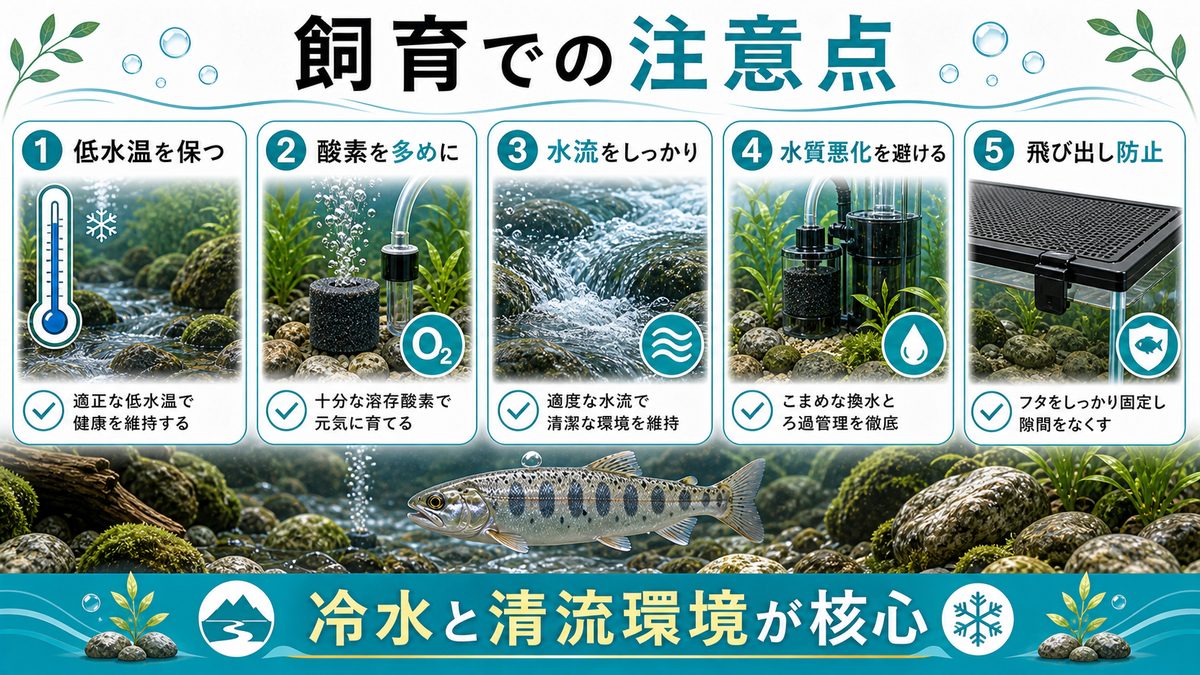 4,ヤマメの飼育での注意点についての要点をまとめた淡水魚飼育インフォグラフィック