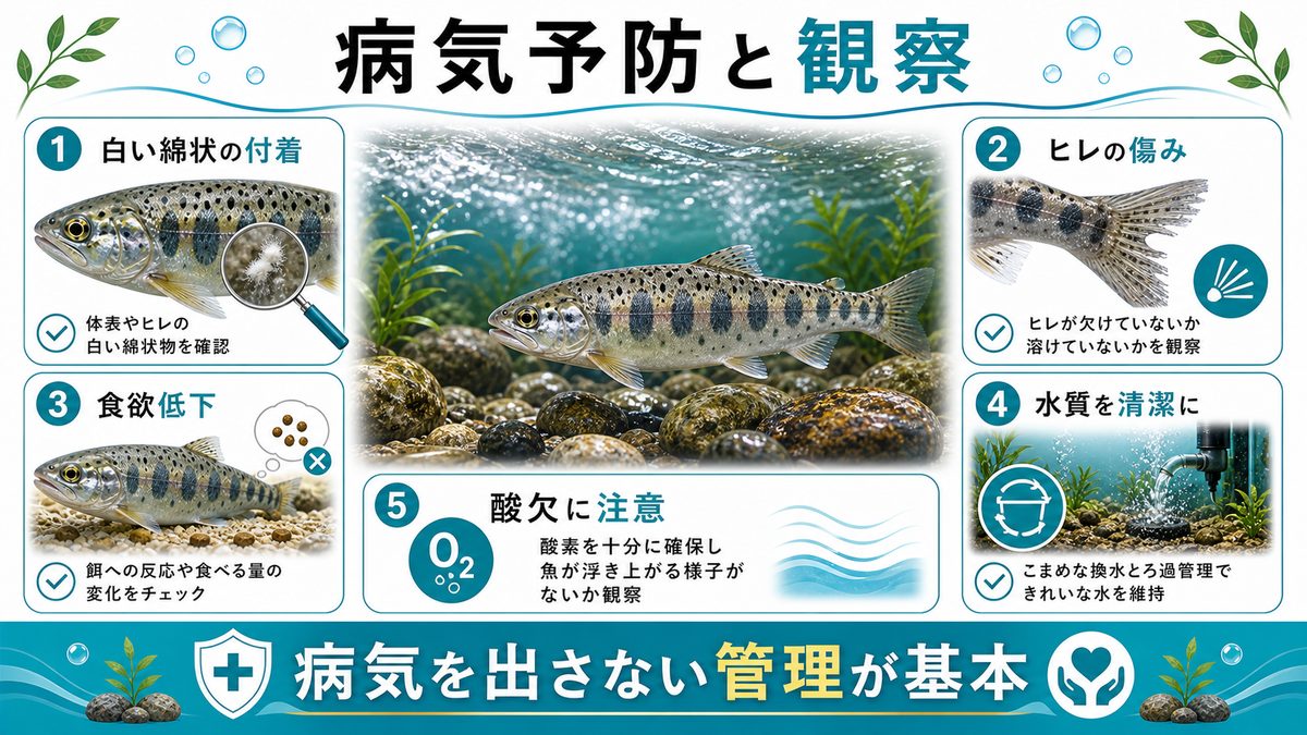 6,ヤマメがかかりやすい病気と治療方法についての要点をまとめた淡水魚飼育インフォグラフィック