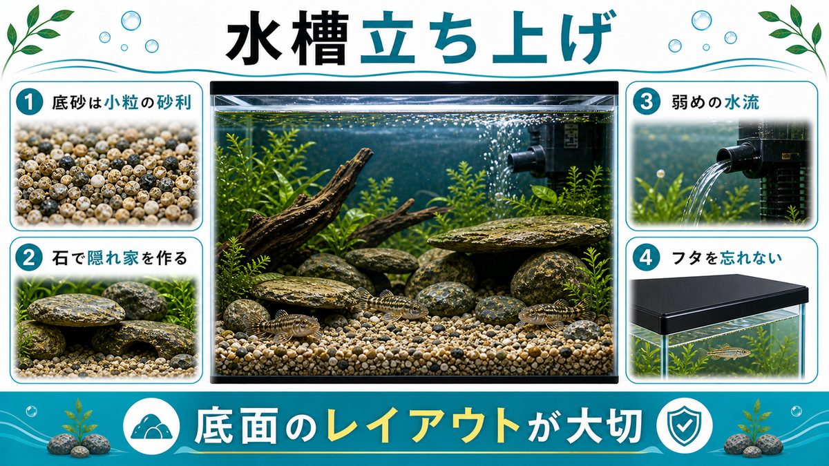 ヨシノボリの水槽立ち上げ|必要な機材とレイアウトの要点をまとめた淡水魚飼育インフォグラフィック