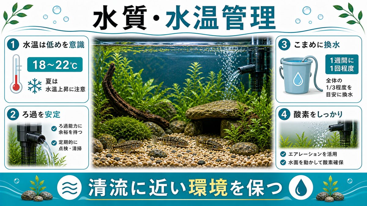 ヨシノボリの水質管理|水温・pH・換水のポイントの要点をまとめた淡水魚飼育インフォグラフィック