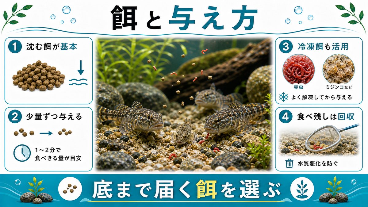 ヨシノボリの餌と与え方|生き餌から人工飼料までの要点をまとめた淡水魚飼育インフォグラフィック