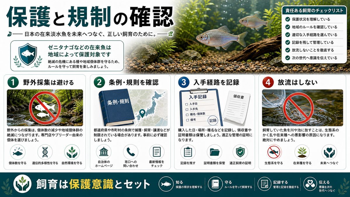 保護状況と採集規制の要点をまとめた淡水魚飼育インフォグラフィック