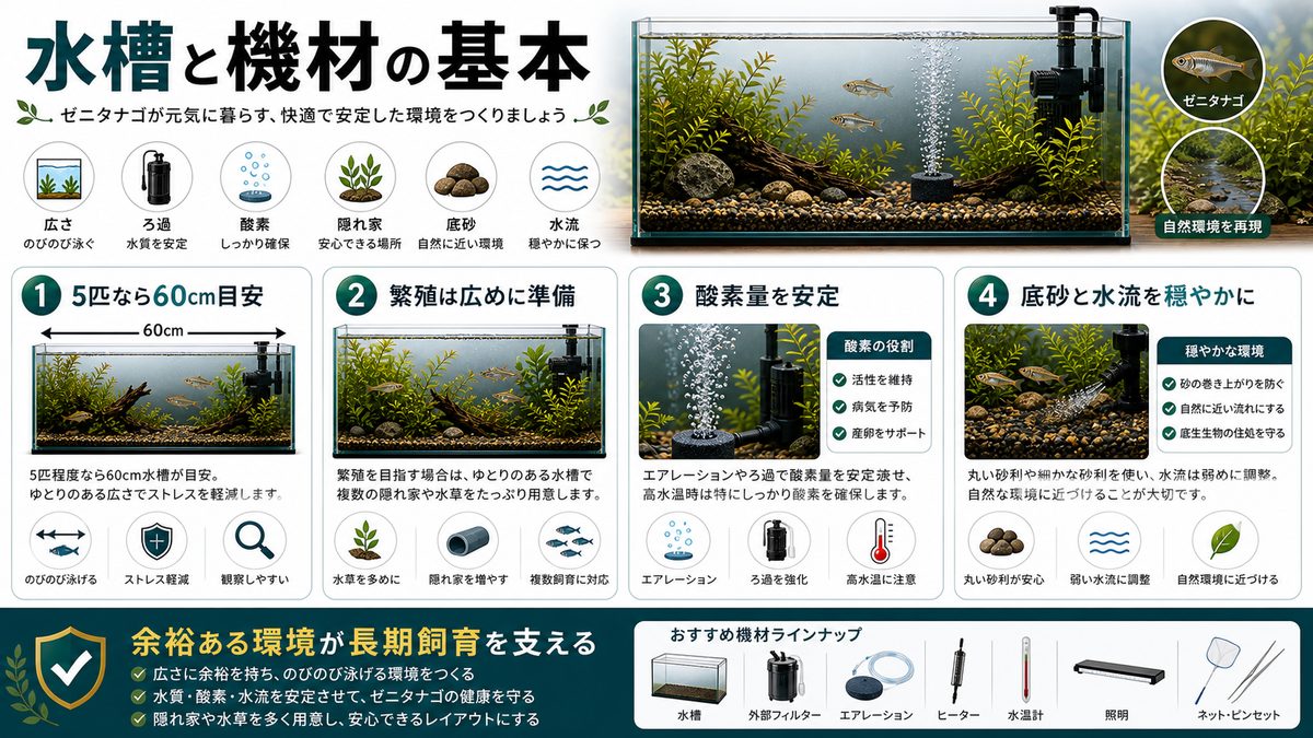 飼育水槽と機材の選び方の要点をまとめた淡水魚飼育インフォグラフィック