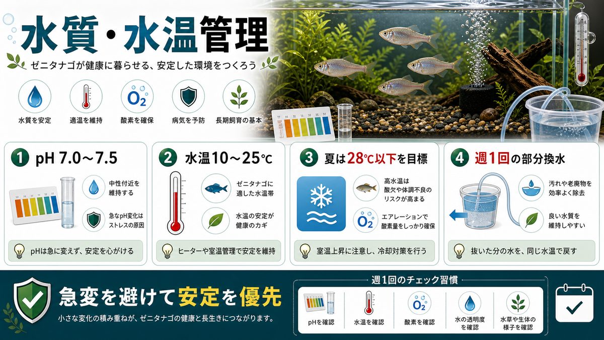 水質・水温の管理の要点をまとめた淡水魚飼育インフォグラフィック