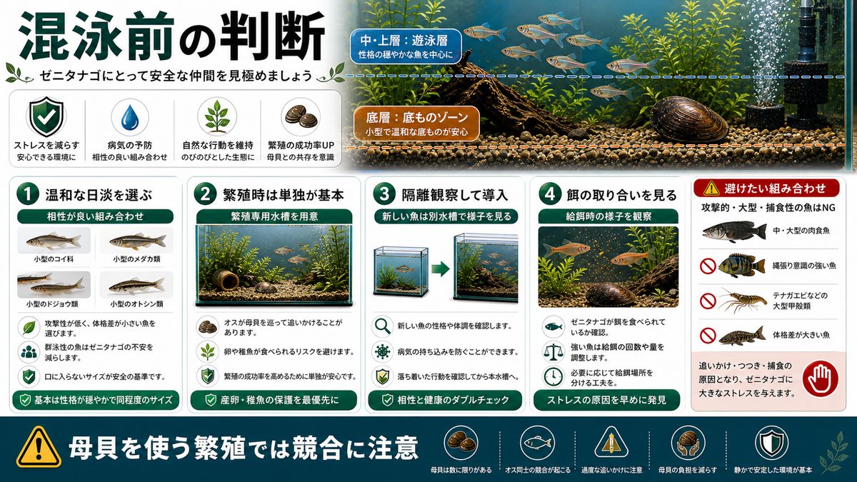 混泳についての要点をまとめた淡水魚飼育インフォグラフィック