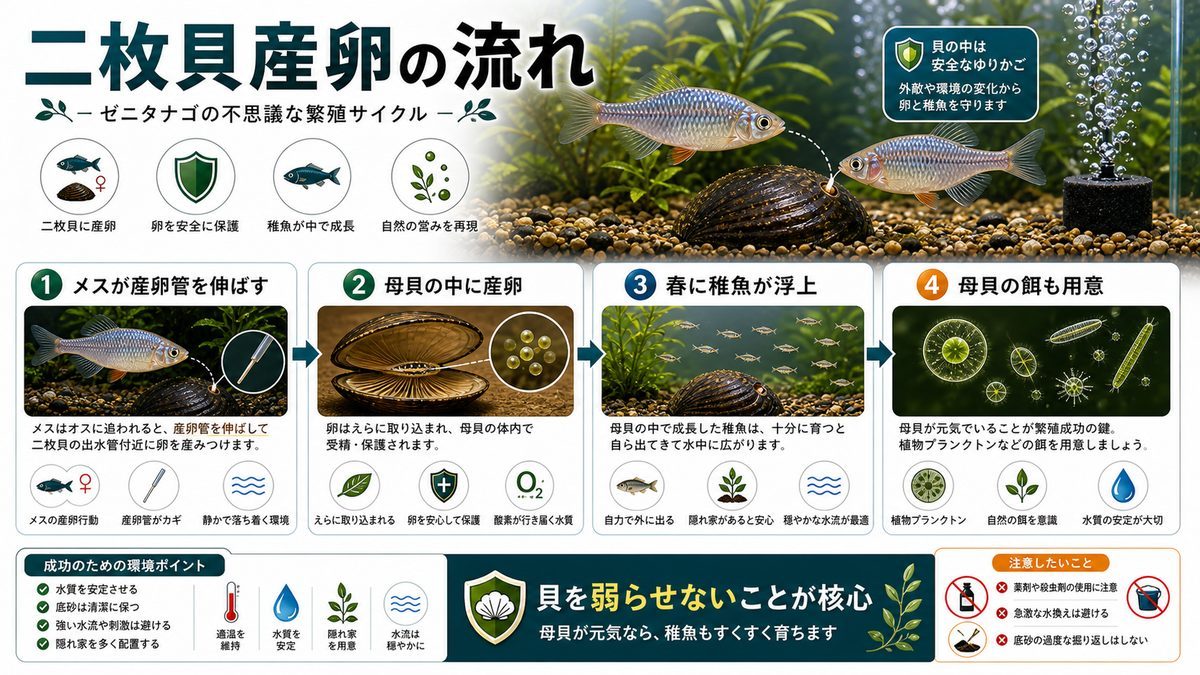 二枚貝産卵の魅力の要点をまとめた淡水魚飼育インフォグラフィック