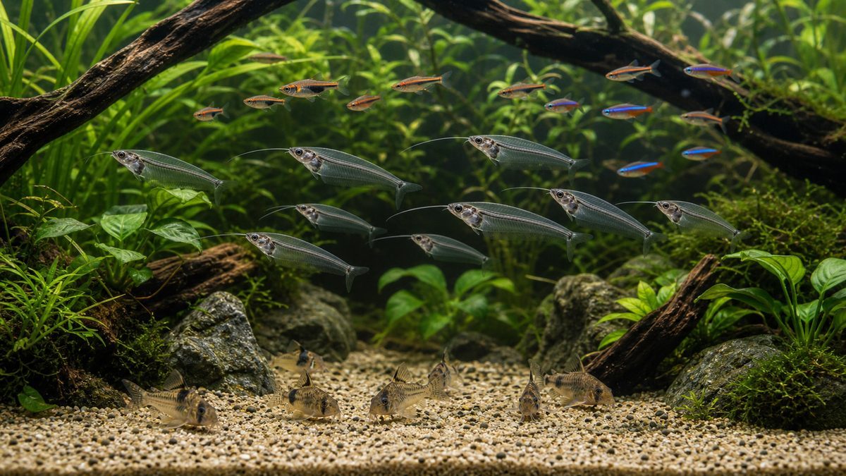 混泳の相性と長く飼うためのコツの要点をまとめた淡水魚飼育インフォグラフィック