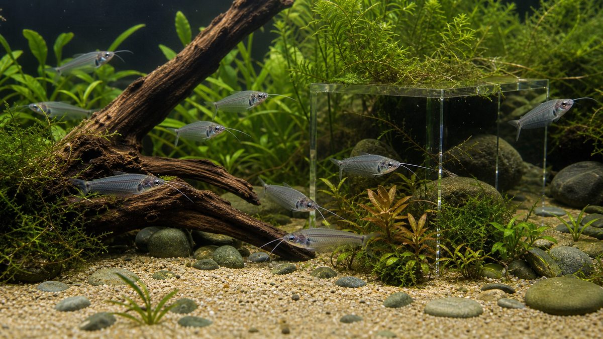 あると楽しいレイアウトアイテムについての要点をまとめた淡水魚飼育インフォグラフィック