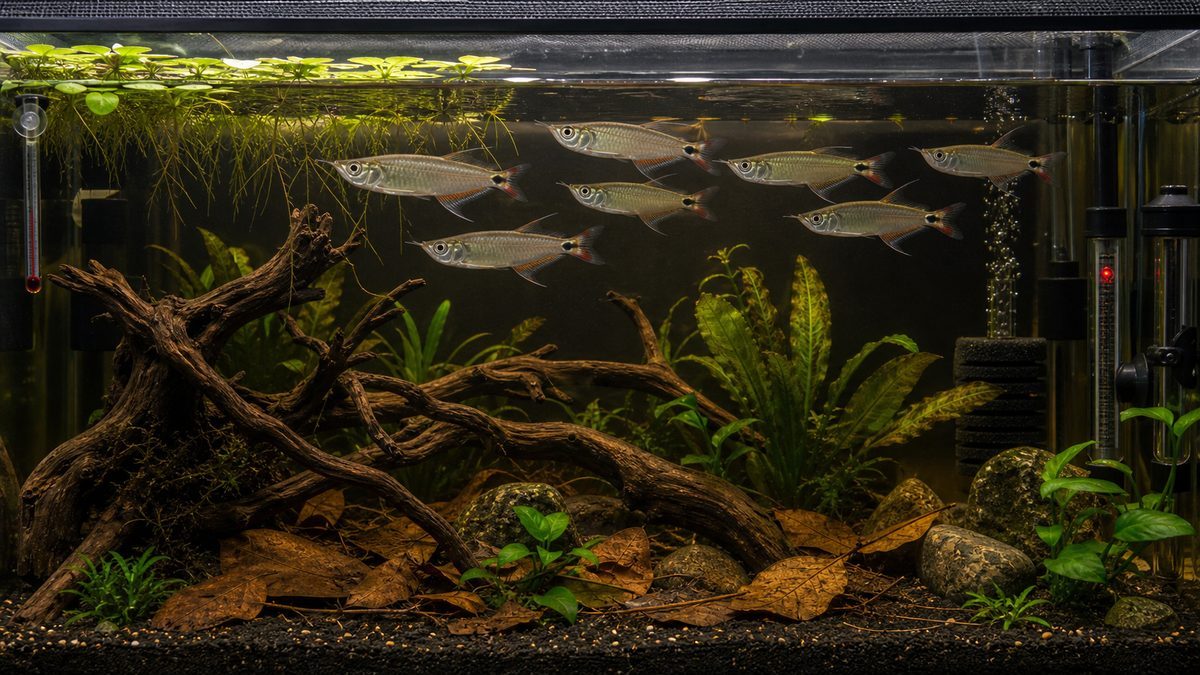 アロワナテトラの飼育環境と水質管理の要点をまとめた淡水魚飼育インフォグラフィック