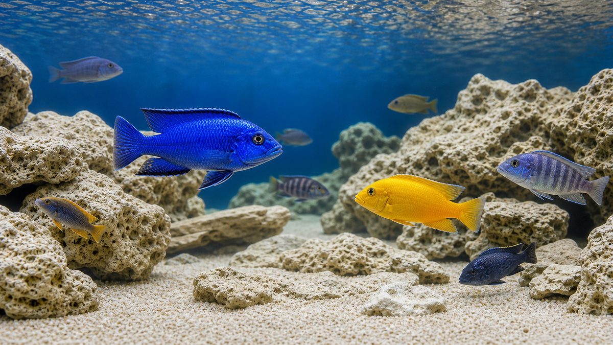 マラウィ湖シクリッドの岩場環境と多様な魚を示す画像