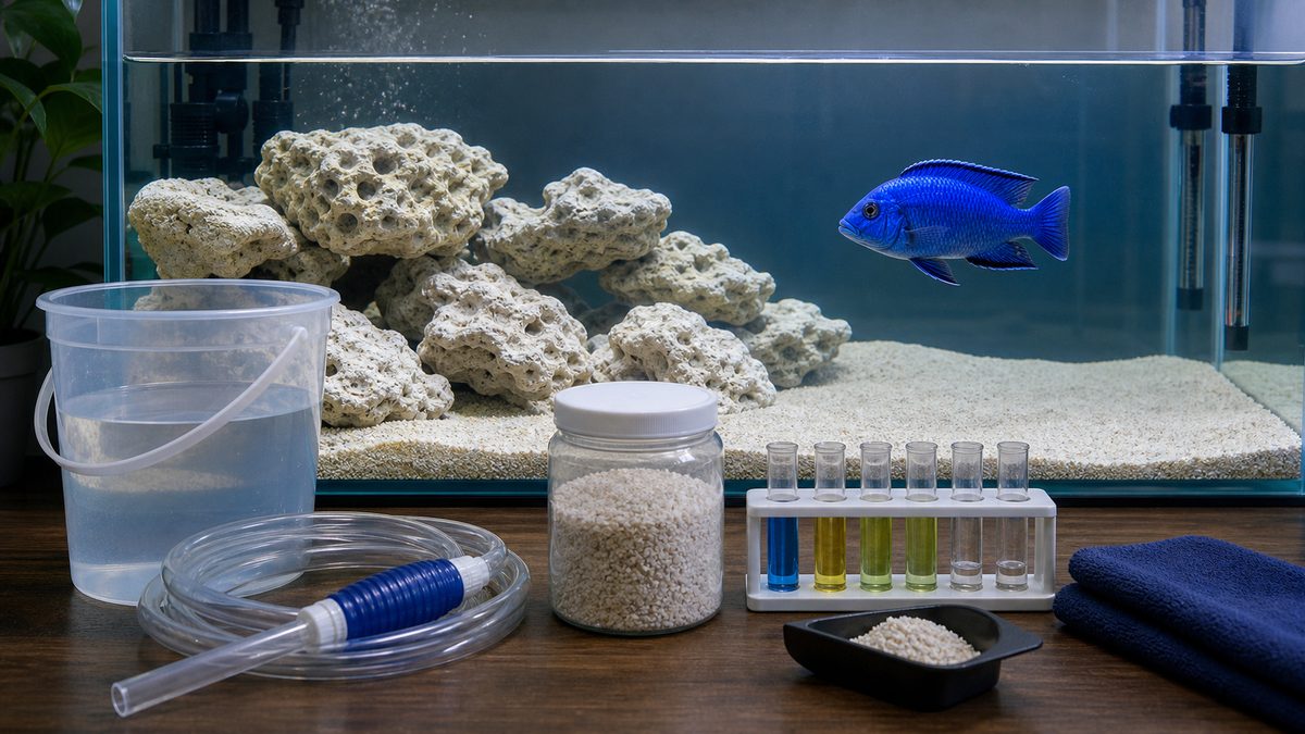 マラウィ湖の硬水環境を水槽で再現する画像