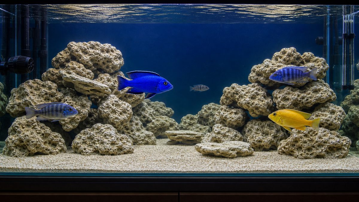 アーリーと混泳魚の距離を保つ岩場水槽を示す画像