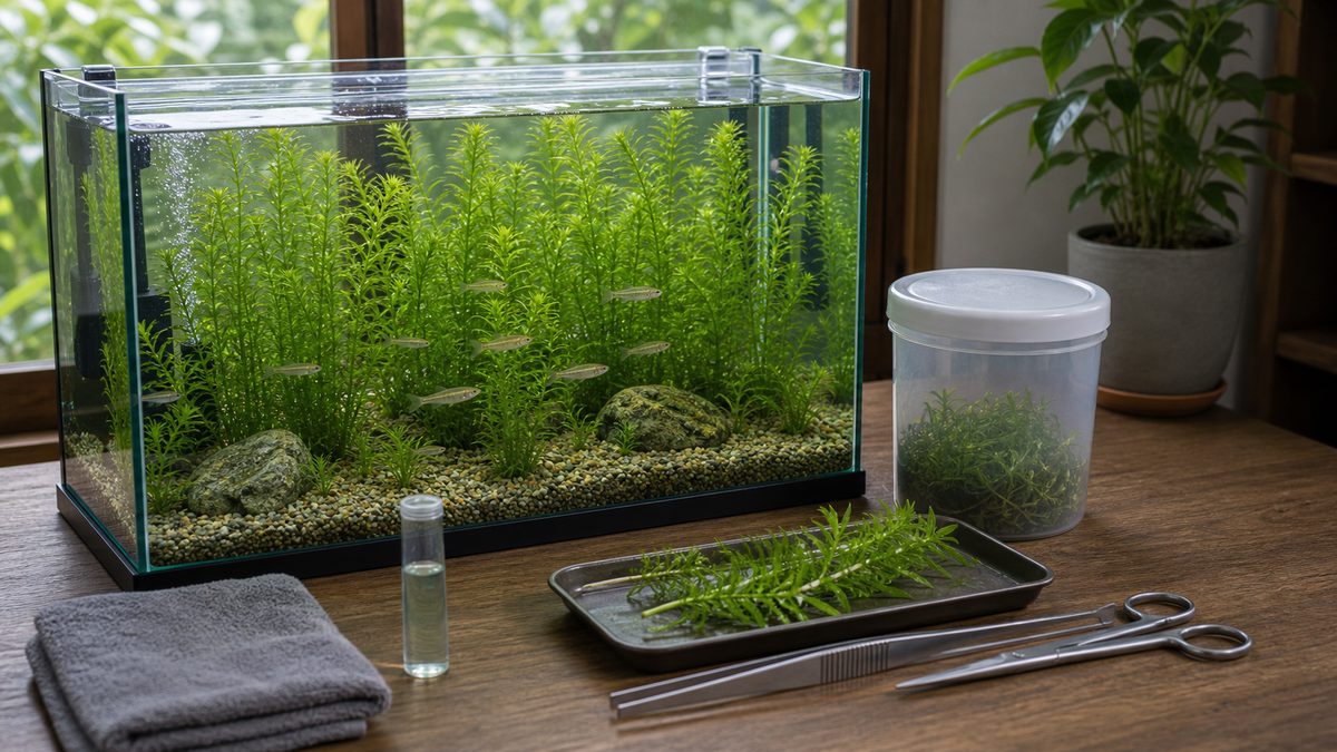 アナカリス水槽と管理用品で記事の確認ポイントを示すイメージ