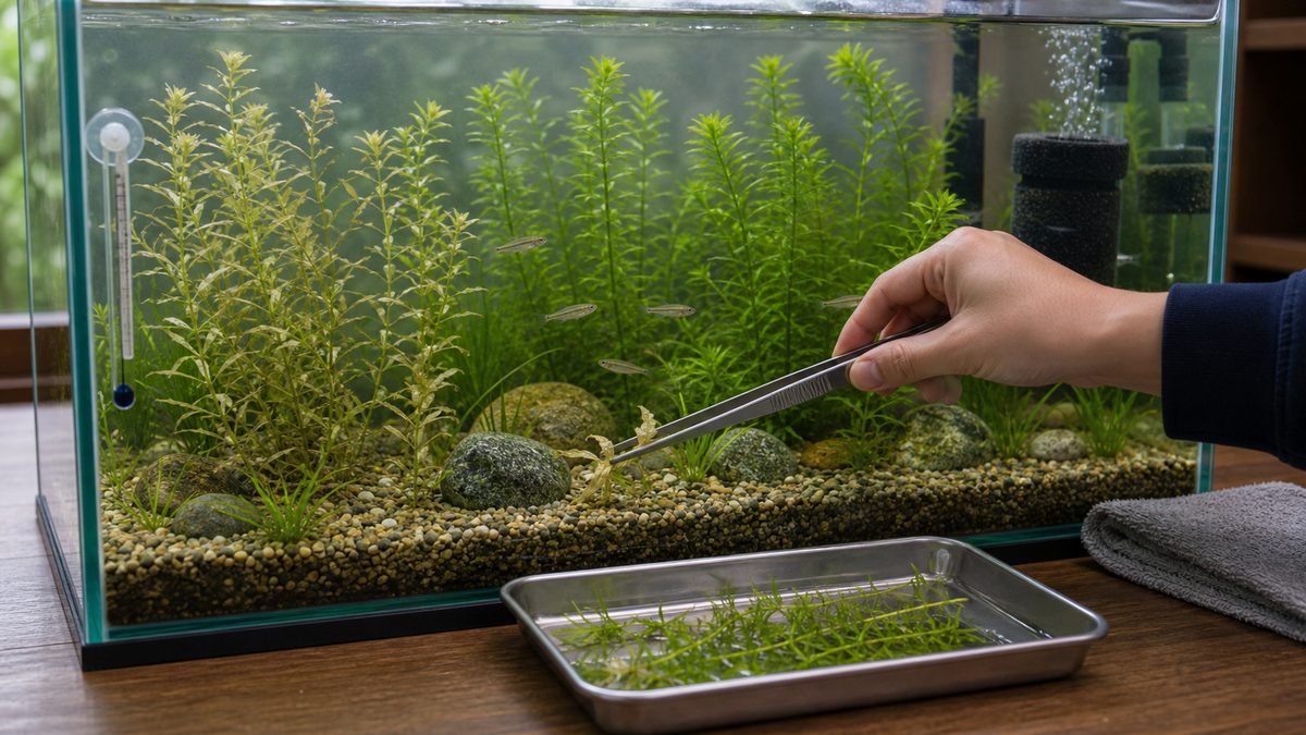 溶ける白化するアナカリスを水槽内で点検するイメージ