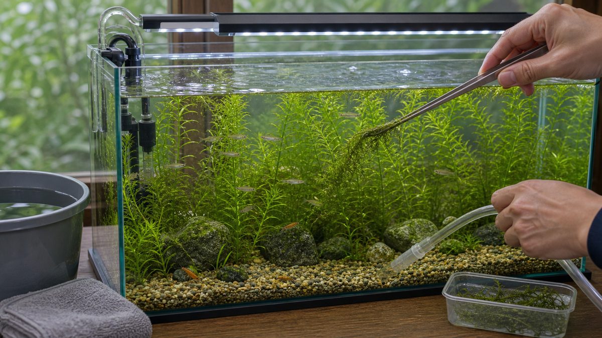 アナカリス水槽のコケ取りと日々のメンテナンスのイメージ