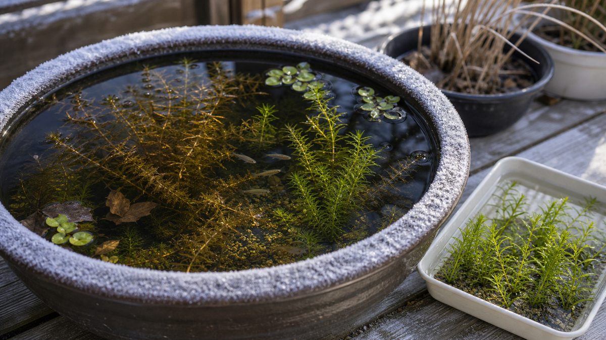 屋外容器で冬のアナカリスを管理する季節別ケアのイメージ