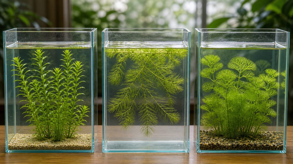 アナカリスとマツモとカボンバを水槽で比較するイメージ