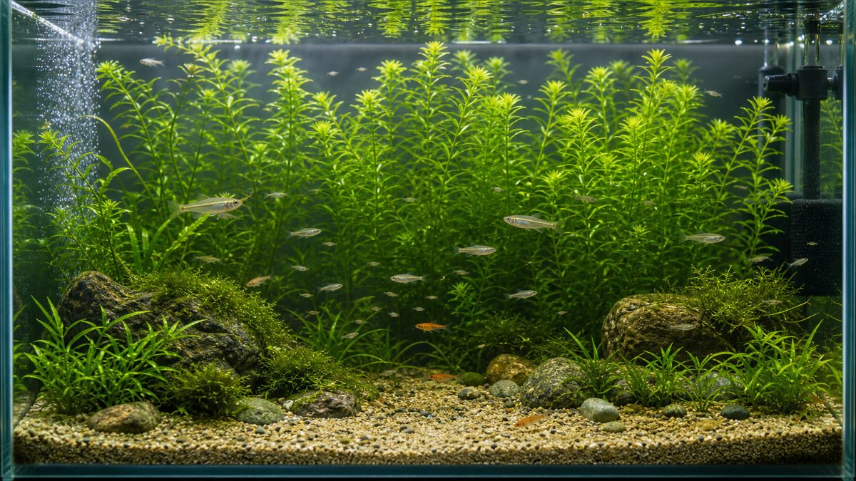 健康に育ったアナカリスが茂る日本淡水魚水槽のまとめイメージ