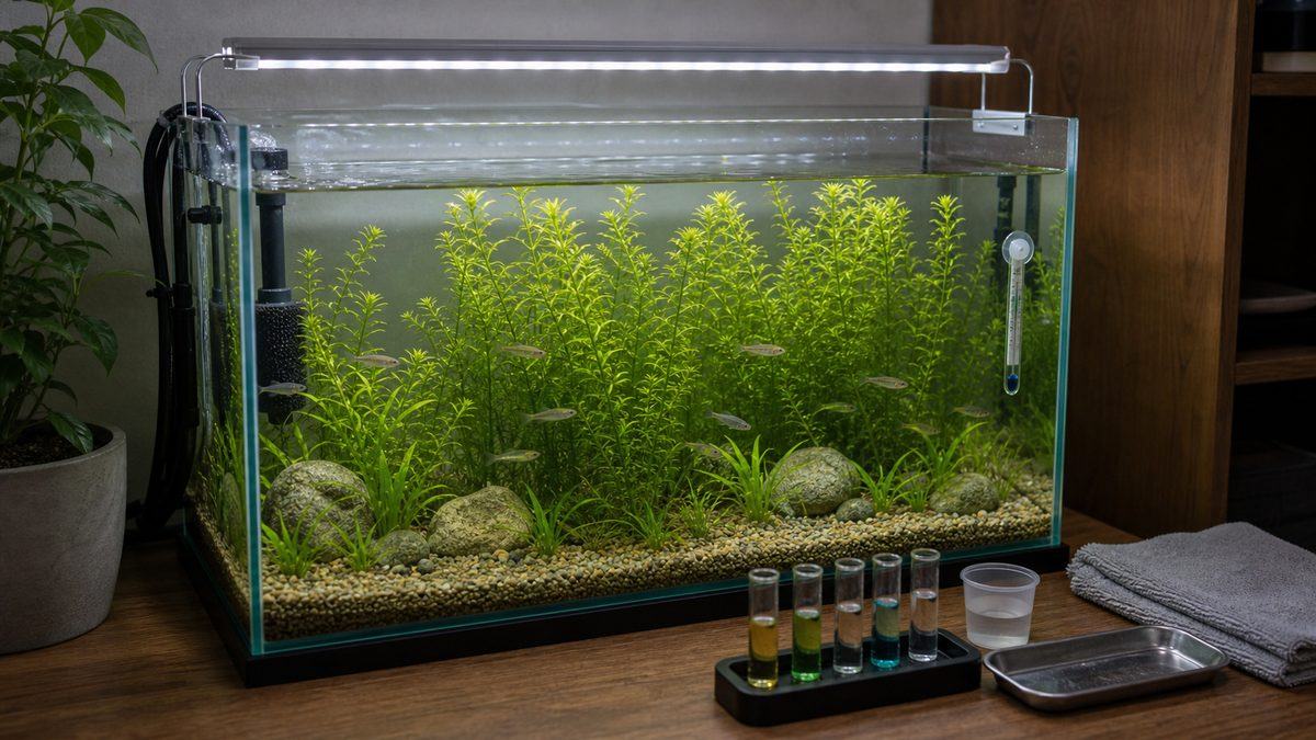 照明と水温管理のもとで育つアナカリス水槽のイメージ