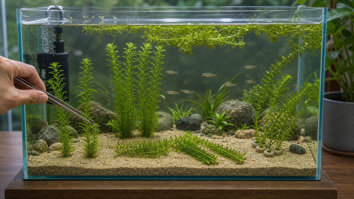 アナカリスを植える浮かべる重りで沈める方法のイメージ