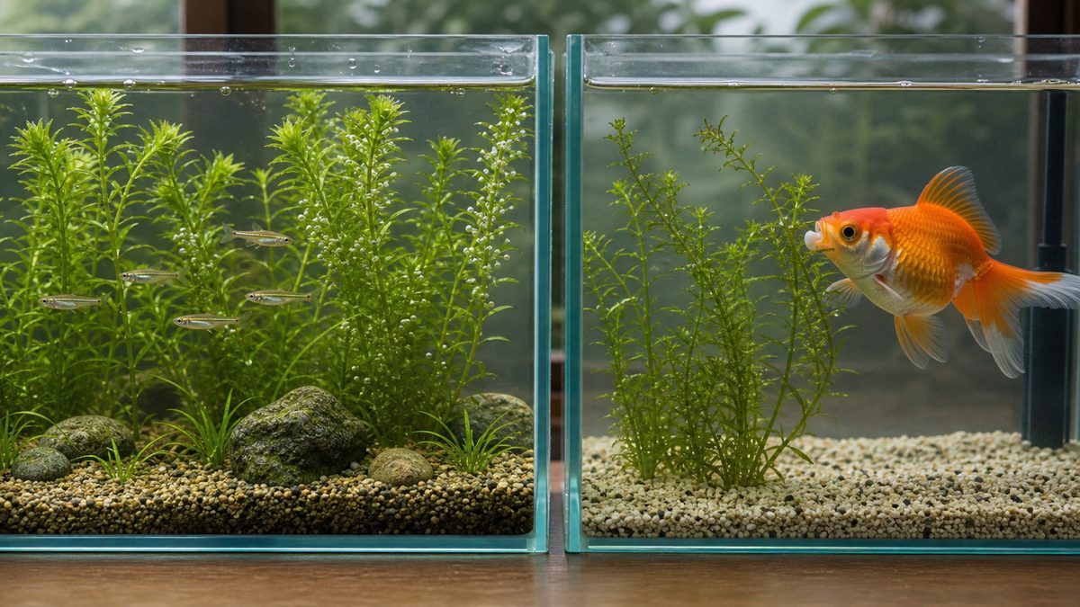 メダカと金魚それぞれの水槽でアナカリスとの相性を示すイメージ