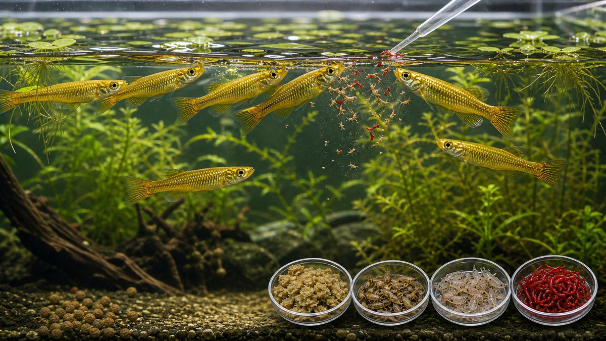 餌の与え方の要点をまとめた淡水魚飼育インフォグラフィック