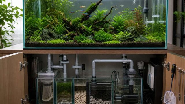 水槽オーバーフローの仕組みとサンプろ過、配管構成を示すアイキャッチ画像