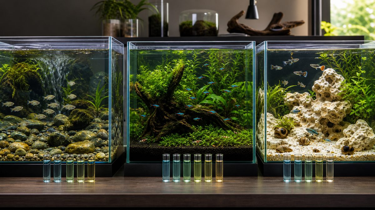 日本産淡水魚、軟水系熱帯魚、硬水系生体の水槽を比較するイメージ