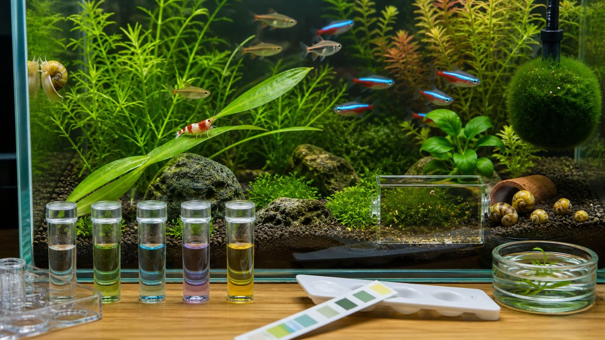 魚やエビや水草に硬度が影響することを示す水槽イメージ