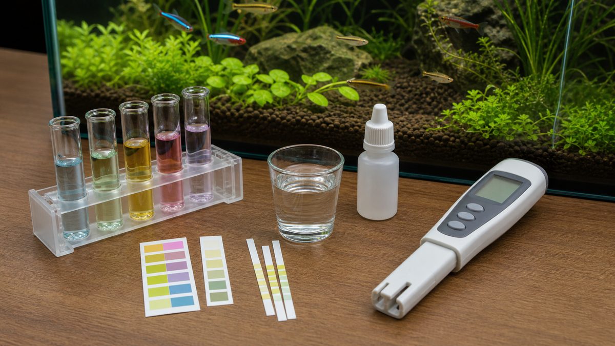 試薬、試験紙、TDSメーターで水槽の硬度を測るイメージ