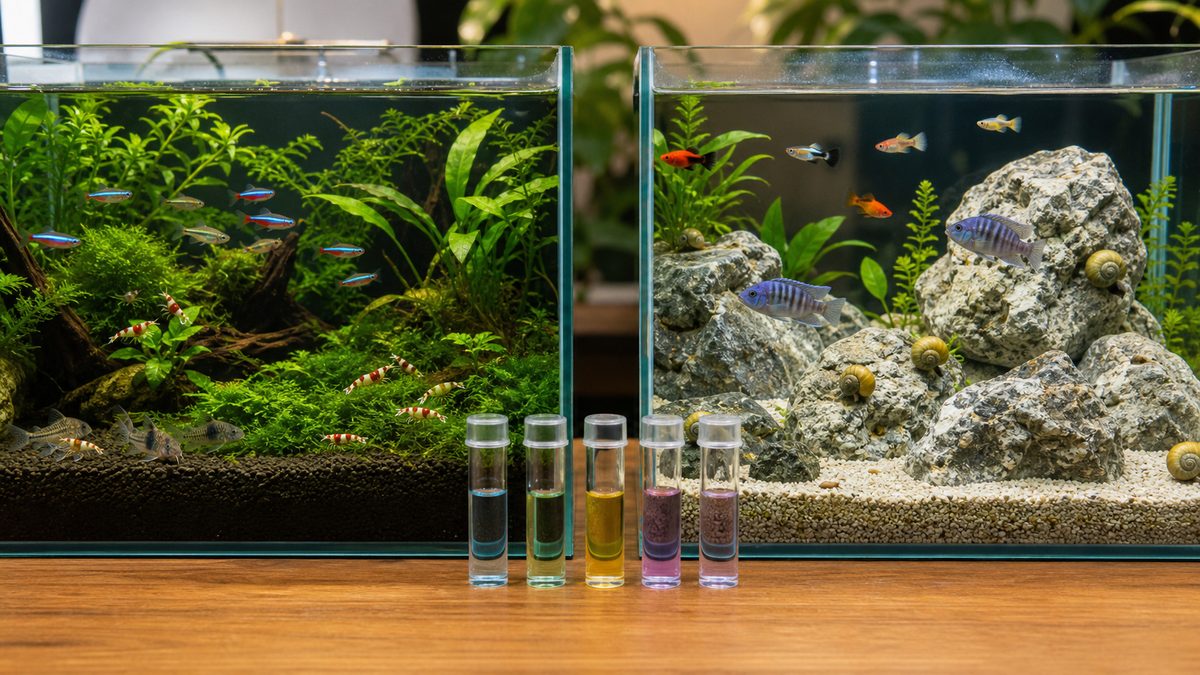 軟水を好む水草水槽と硬水を好む岩組水槽の比較イメージ