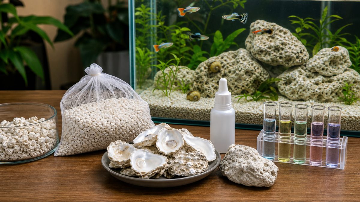 サンゴ砂や牡蠣殻やミネラル添加で硬水化するイメージ