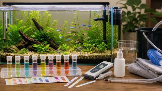 水槽の水質検査完全ガイド【pH・アンモニア・亜硝酸の測り方と理想値】の要点を伝える淡水魚記事アイキャッチ画像
