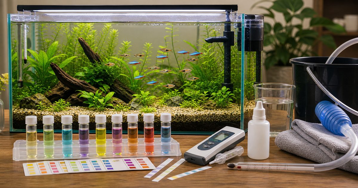 水槽の水質検査完全ガイド【pH・アンモニア・亜硝酸の測り方と理想値】の要点を伝える淡水魚記事アイキャッチ画像