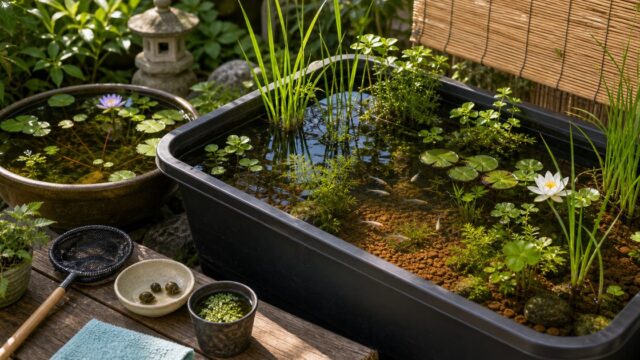 ビオトープの作り方完全ガイド｜容器・水草・生体選び・立ち上げ・季節管理を徹底解説の要点を伝える淡水魚記事アイキャッチ画像