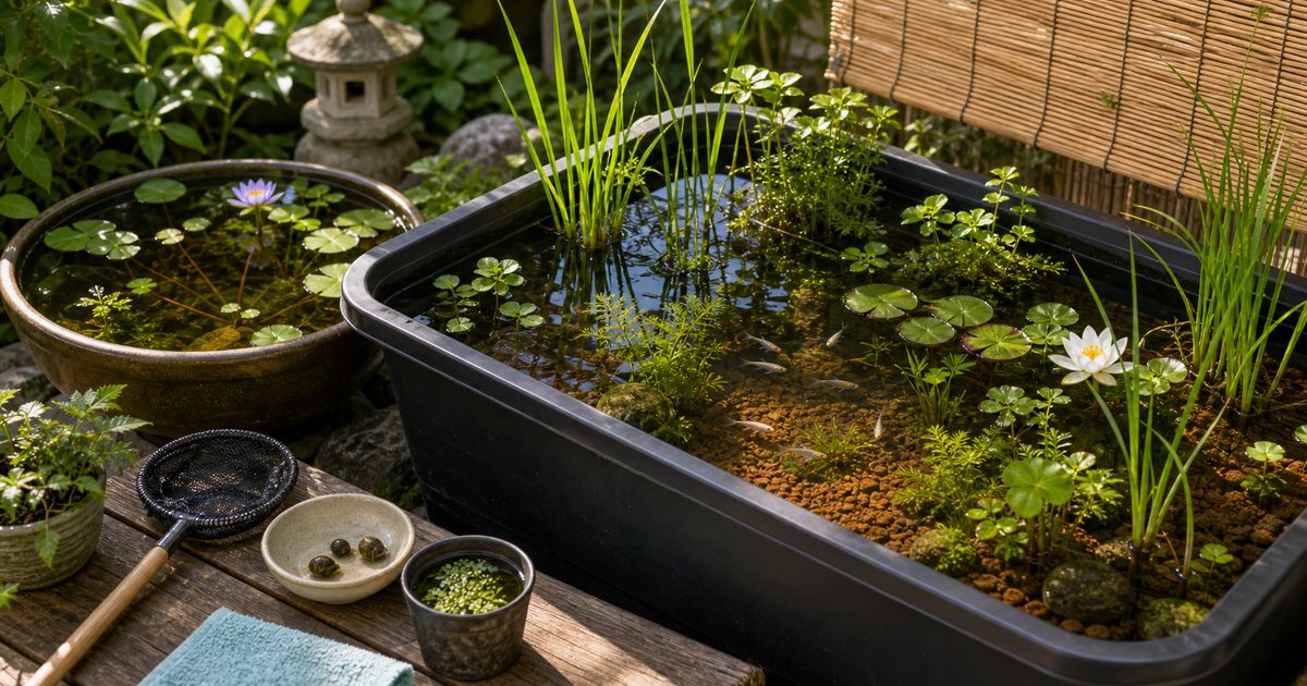 ビオトープの作り方完全ガイド｜容器・水草・生体選び・立ち上げ・季節管理を徹底解説の要点を伝える淡水魚記事アイキャッチ画像