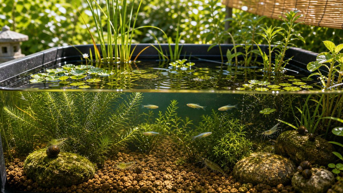 ビオトープとは？屋外で自然循環を楽しむ飼育スタイルの要点をまとめた淡水魚飼育インフォグラフィック